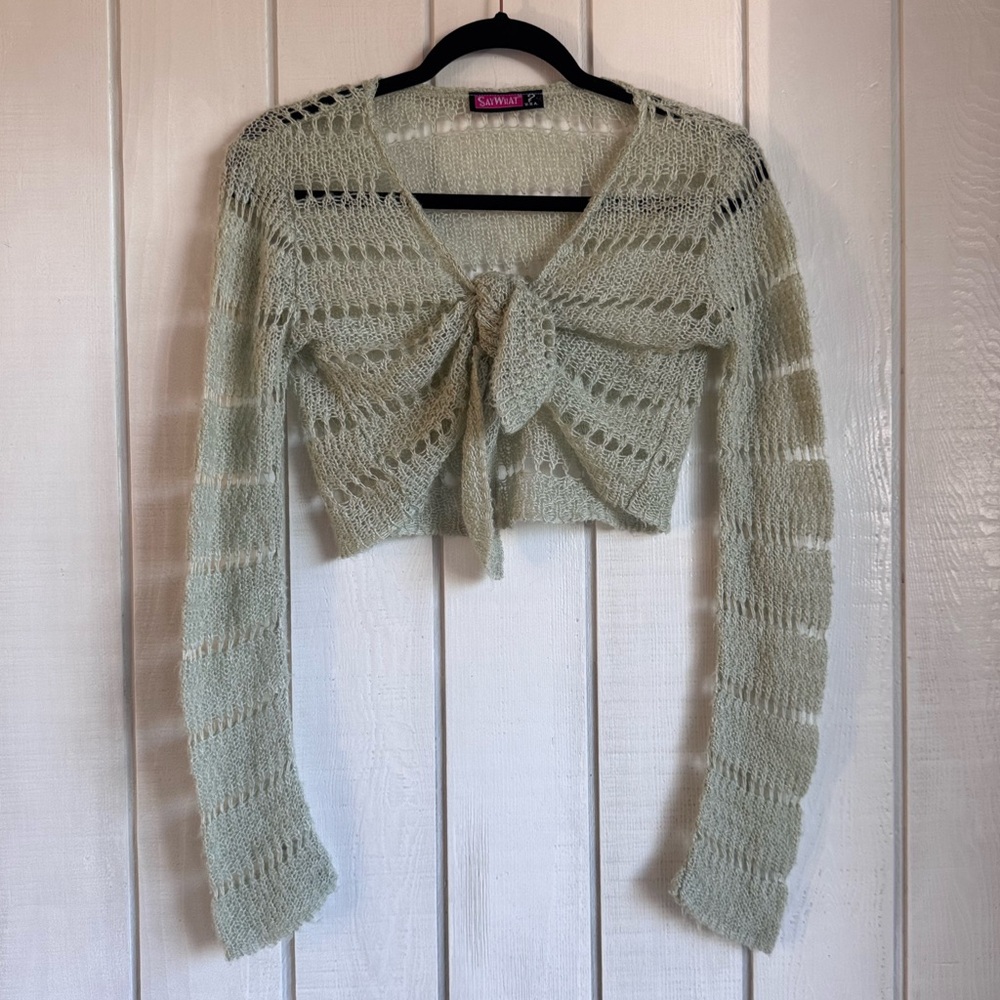 Say What? Y2K Light Green Knit Front Tie Cardigan